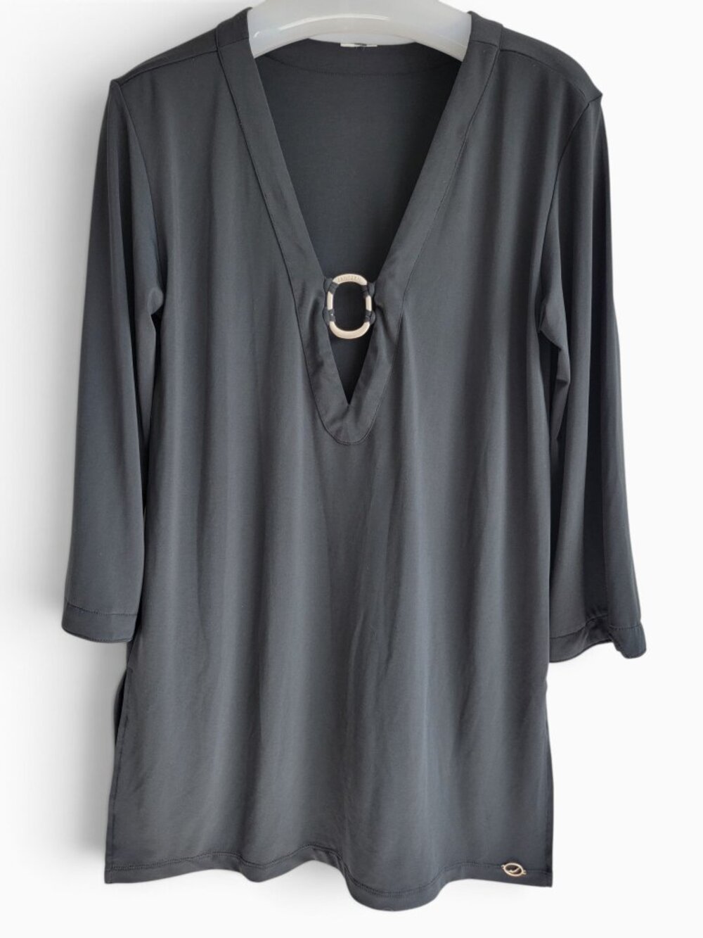 Jantzen Black Swim Cover Up S M Deep V Neck Ring 3/4 Sleeve Resort Beach